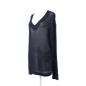 Talbots Sweater $90 Sz L Navy Blue Open Weave V Neck 100% Cotton Sweater